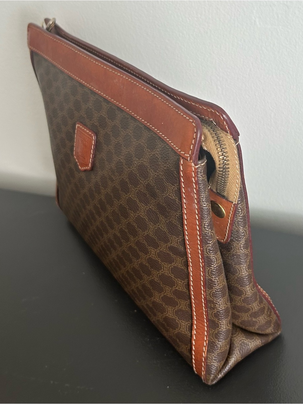 Celine Macadam Monogram Brown Canvas Leather Zip Clutch Pouch Vintage - Picture 5 of 15